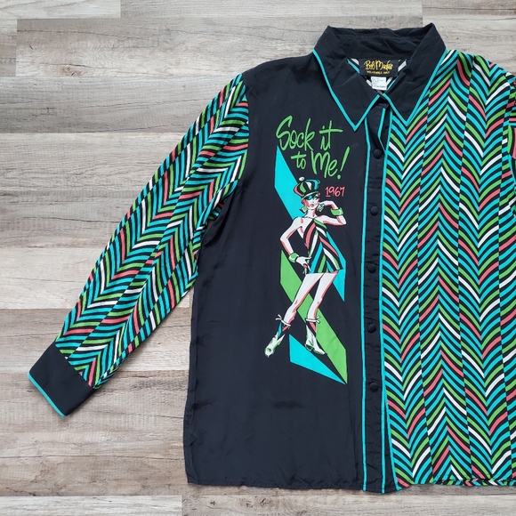Bob Mackie Wearable Art Silk Blouse Large Decade Series 1960s Sock It To Me - Picture 1 of 11